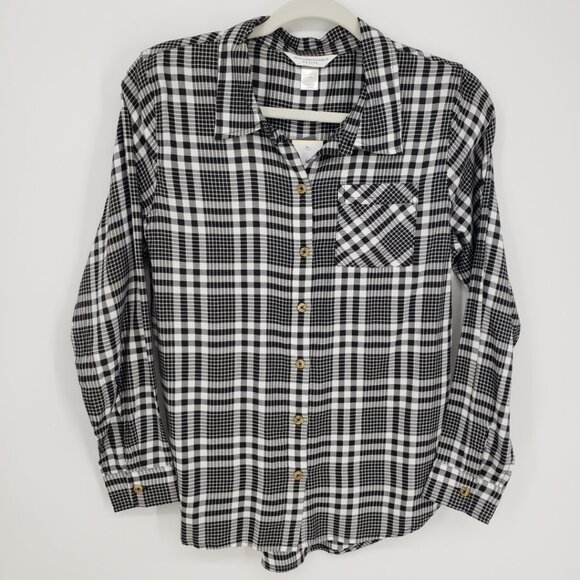 3/$25 Christopher & Banks Plaid Button Down Shirt Top SP Long Sleeve White Black - Picture 1 of 8